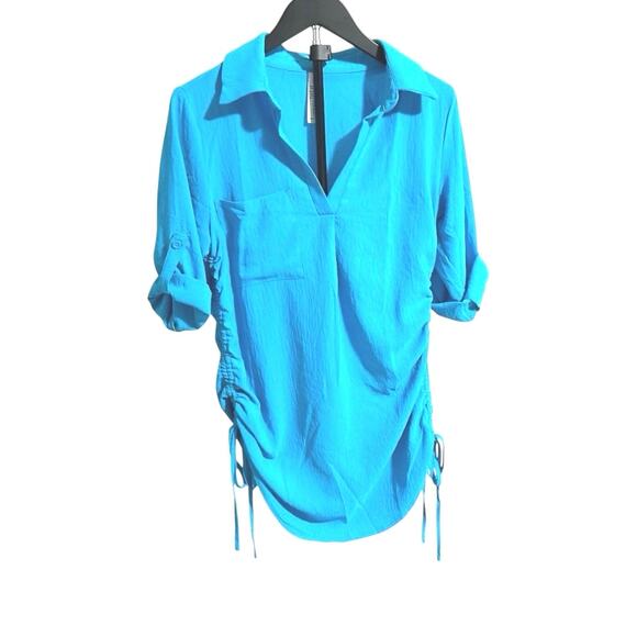 Swimsuit Cover-up - Blue- 3/4 Rolled Sleeves - Ruched with Ties - Small/Medium - Picture 1 of 14